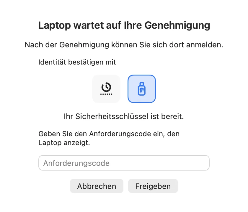 Freigabefenster für einen wartenden Computer mit Authenticator- und Sicherheitsschlüssel-Symbol, Schlüssel gewählt, und Feld für den Anforderungscode.