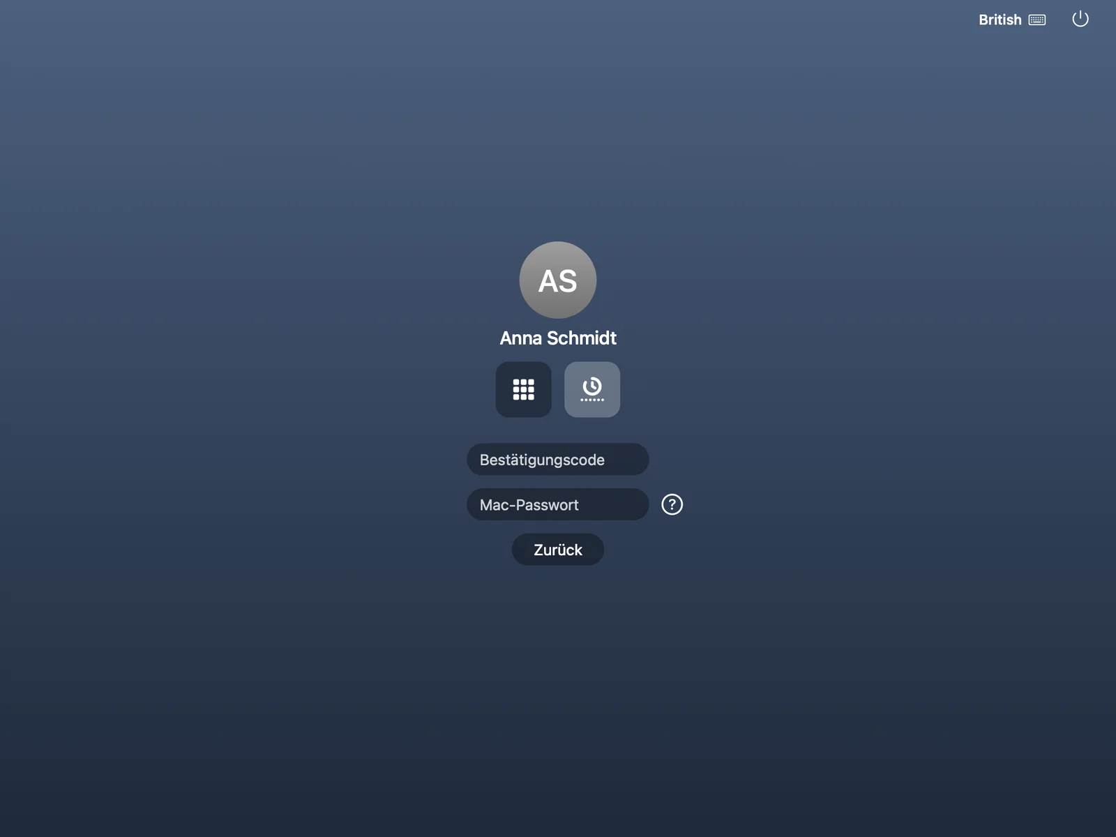 Mac-Anmeldefenster mit gewählter Authenticator-App, Eingabe von Bestätigungscode und Mac-Passwort.