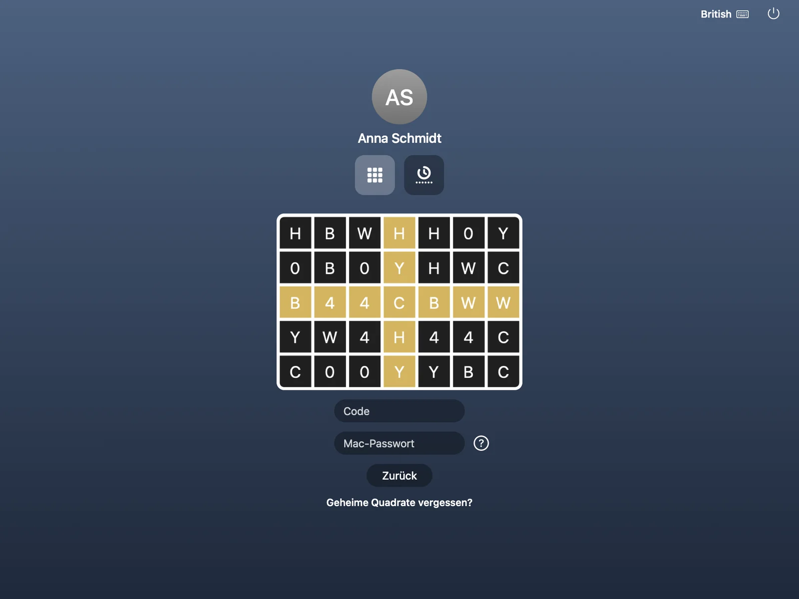 Mac-Anmeldefenster mit zwei Anmeldemethoden-Symbolen, Geheime Quadrate und Authenticator-App, über dem Raster.