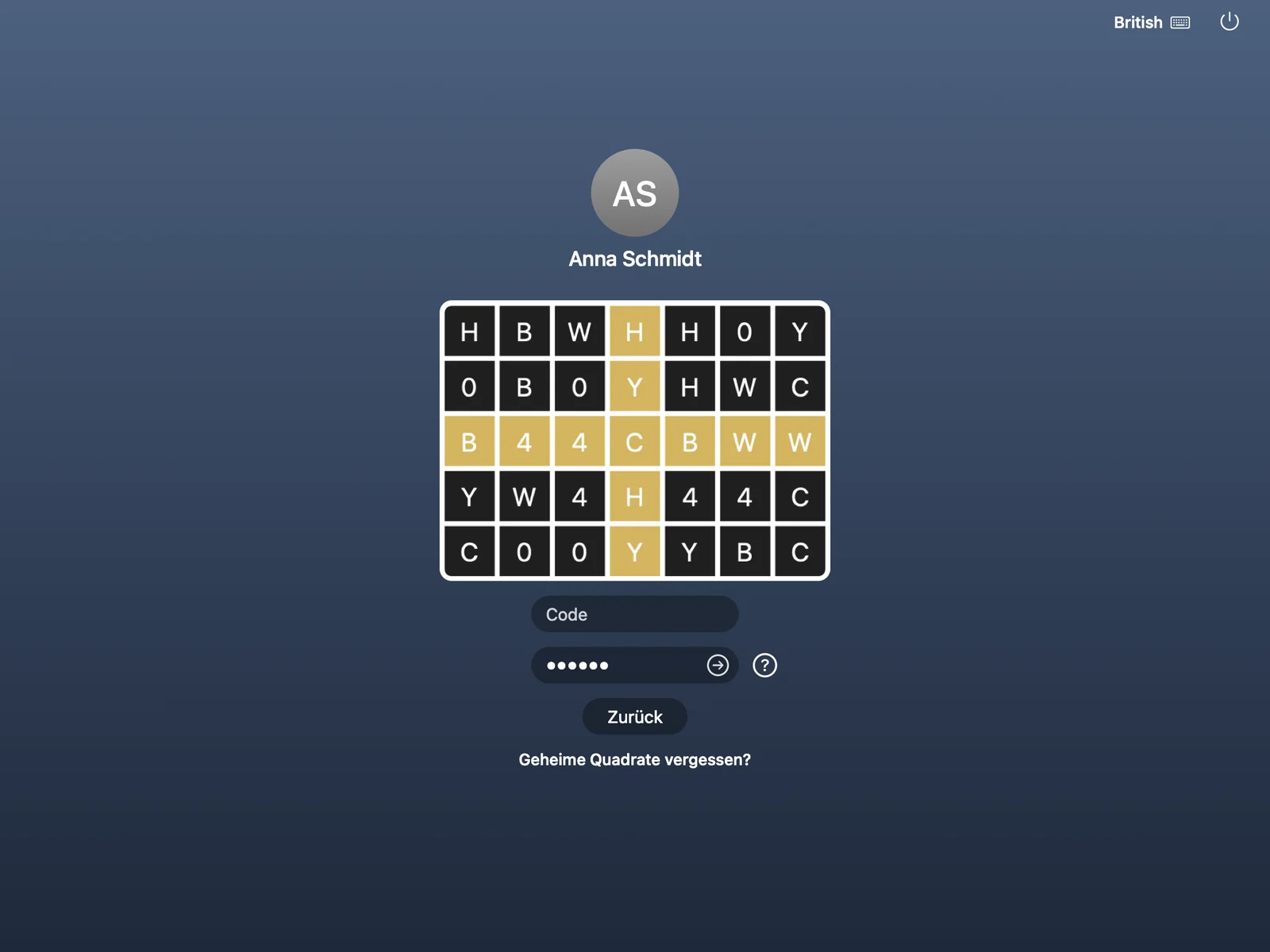 Mac-Anmeldefenster mit einem Raster aus Buchstaben-Quadraten, einem Codefeld und einem Mac-Passwortfeld mit Weiter-Pfeil.