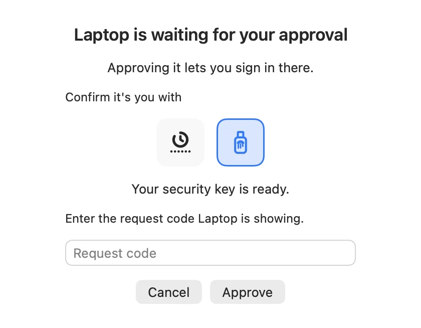 Approval window for a waiting computer with authenticator and security key icons, the key selected, and a request code box.