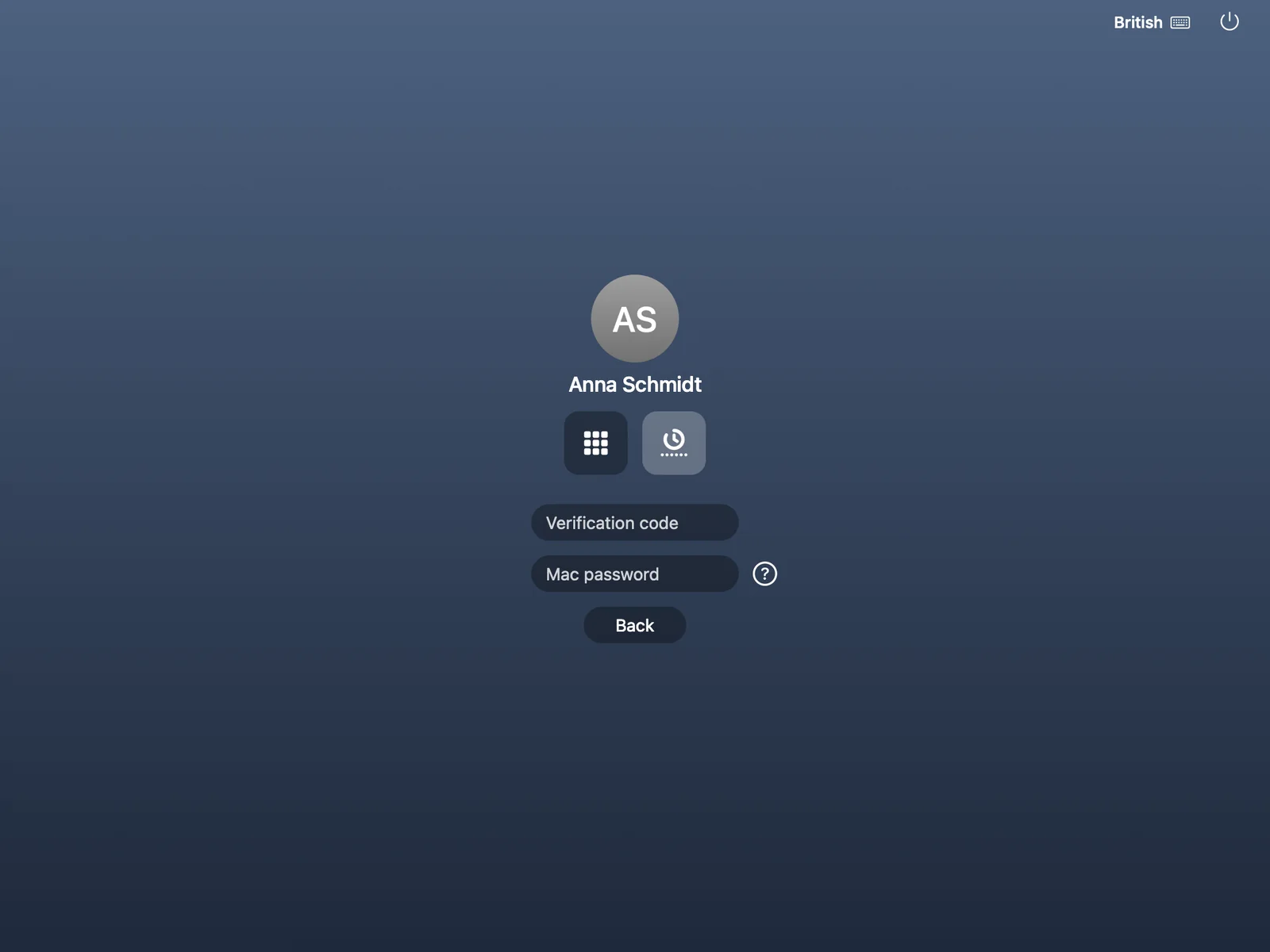 Mac login window with the authenticator app method selected, asking for a verification code and the Mac password.