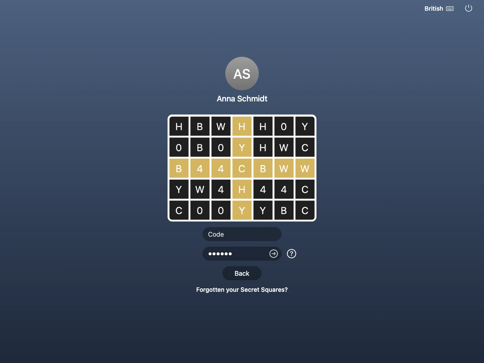 Mac login window with a 7 by 5 grid of lettered squares, a code box and a Mac password box with a go-on arrow.