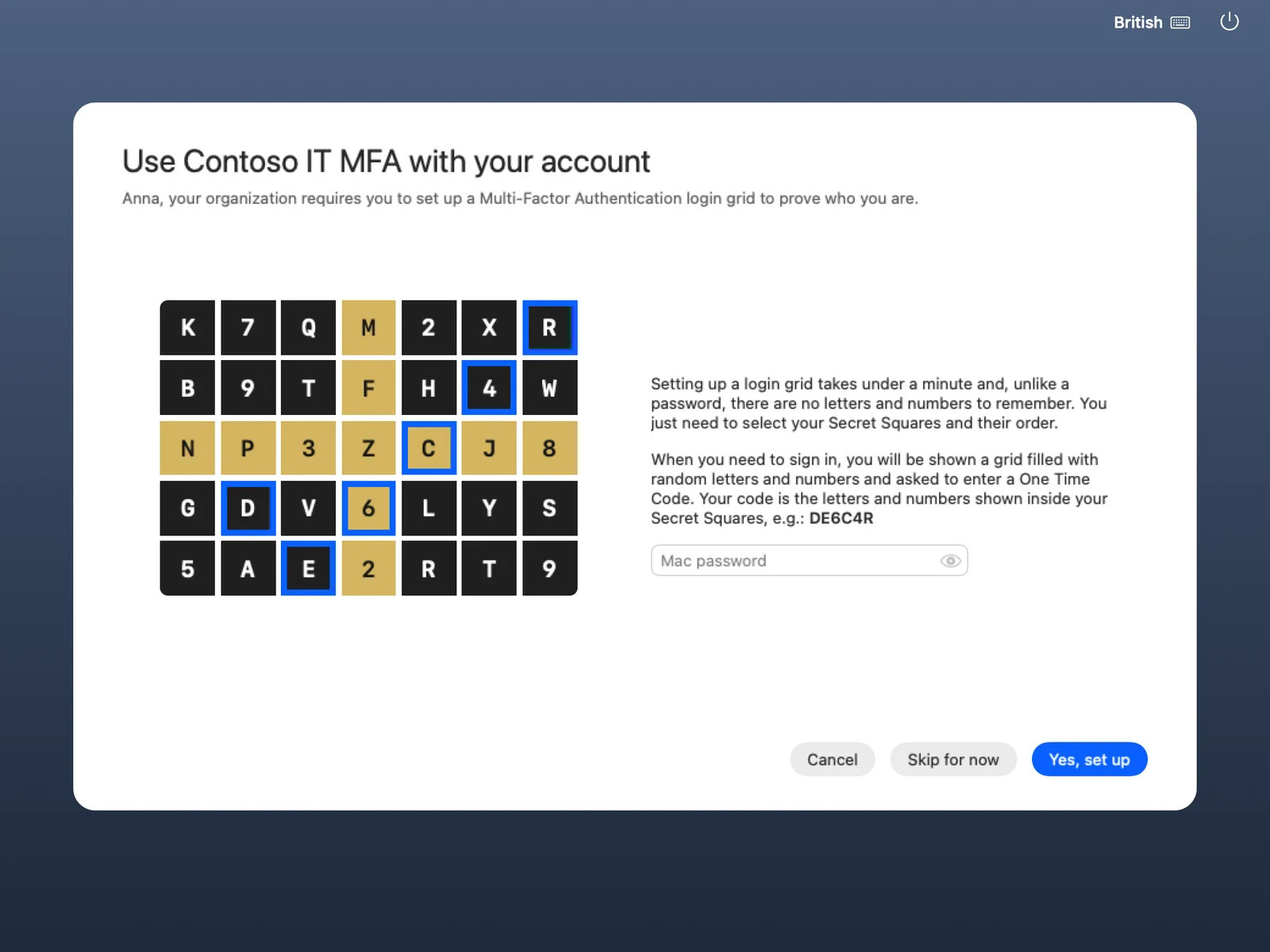 Set-up window explaining Secret Squares with an example grid and buttons to set up now or skip.