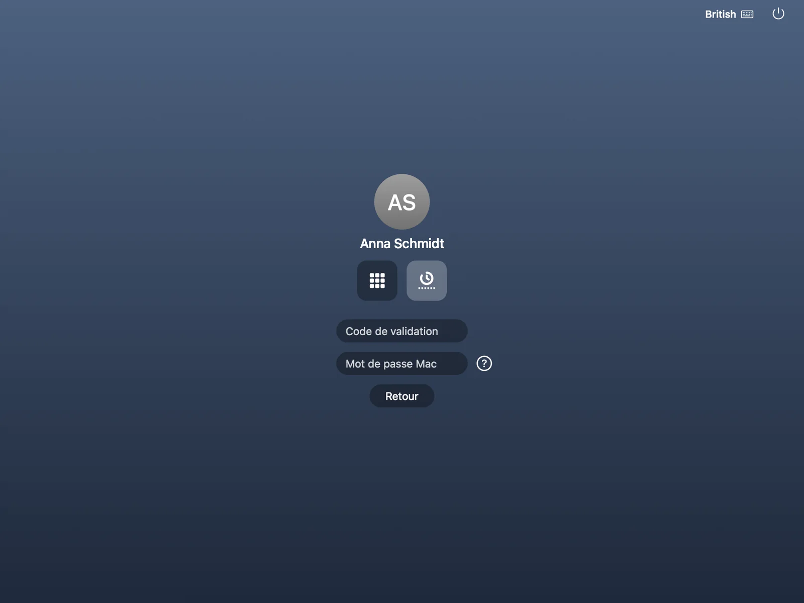 Fenêtre de connexion du Mac avec l'application d'authentification choisie, demandant un code de vérification et le mot de passe Mac.