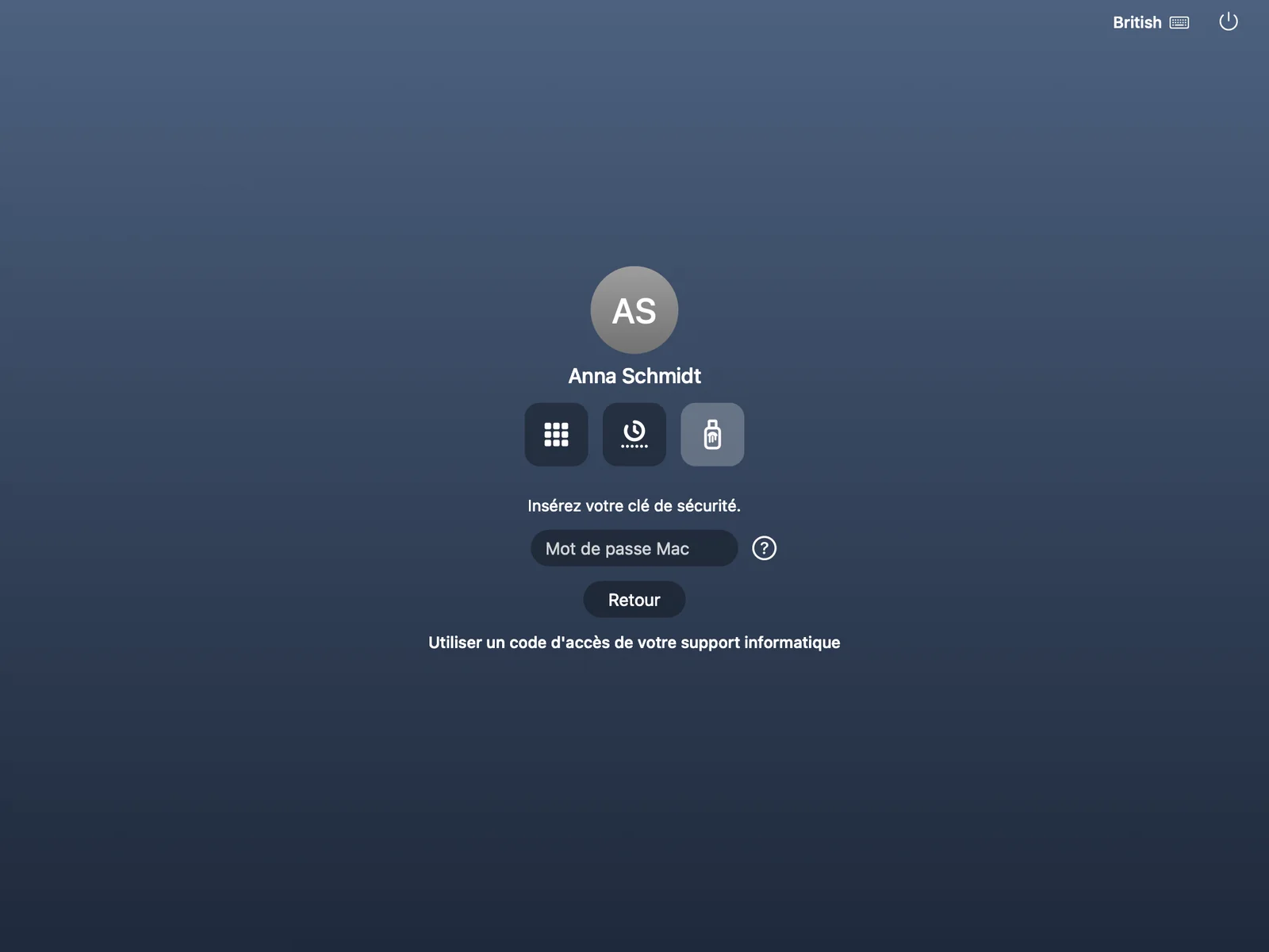 Fenêtre de connexion du Mac avec trois icônes de méthode et la clé de sécurité choisie, invitant à insérer la clé.