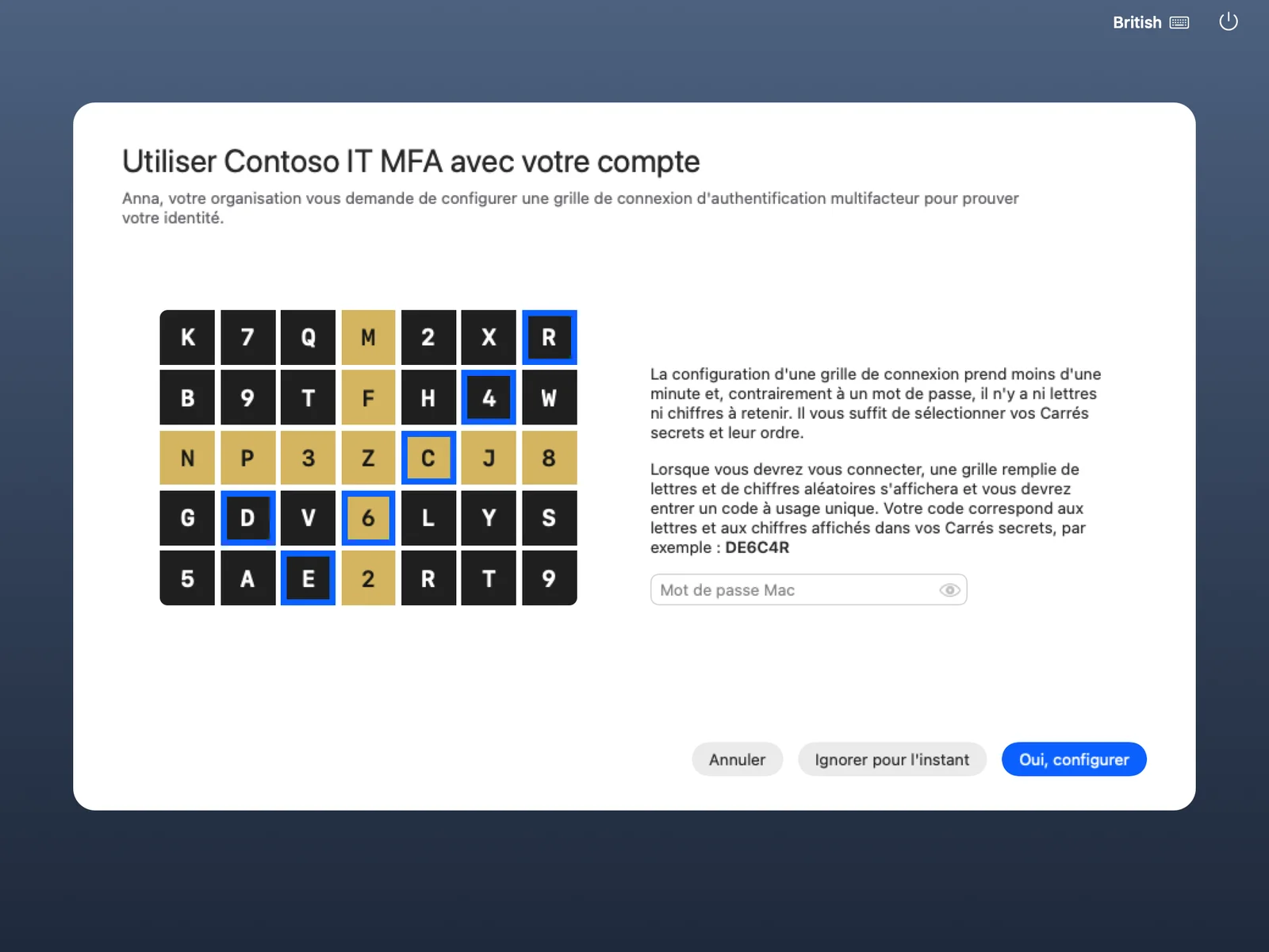 Fenêtre de configuration expliquant les Carrés secrets avec une grille d'exemple et des boutons pour configurer ou ignorer.