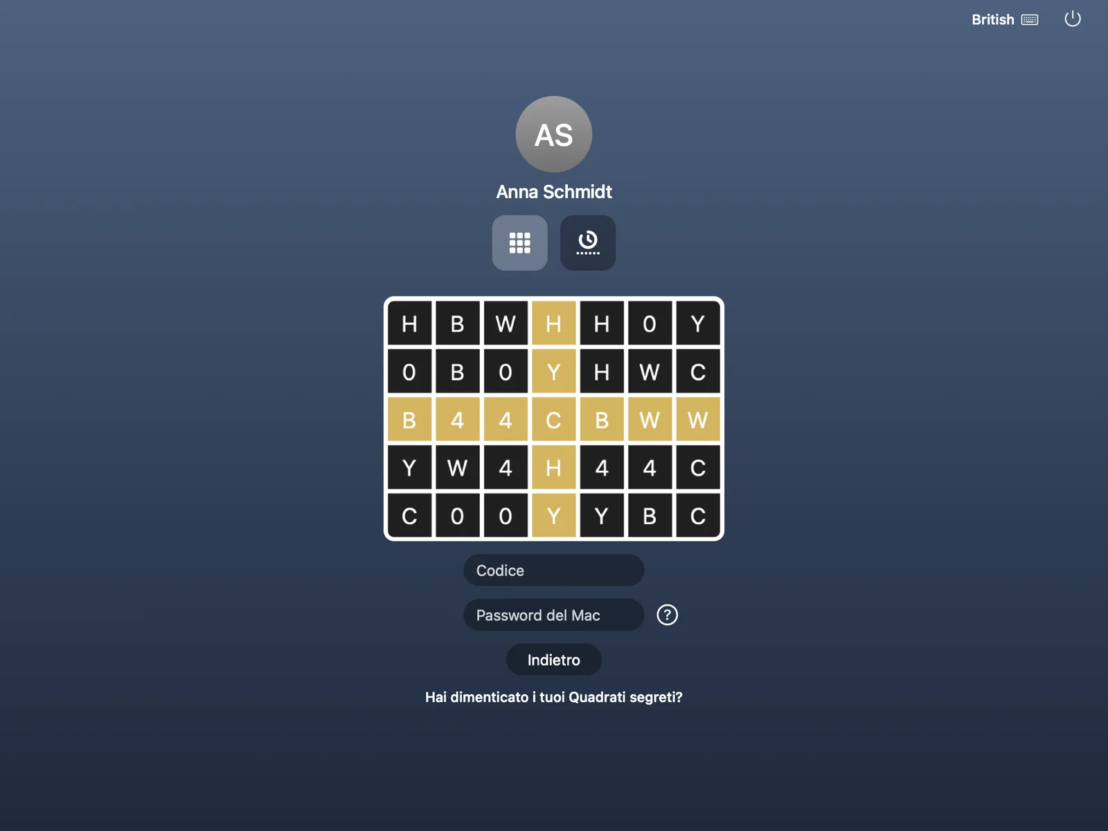 Finestra di accesso del Mac con due icone di metodo, Quadrati segreti e app di autenticazione, sopra la griglia.