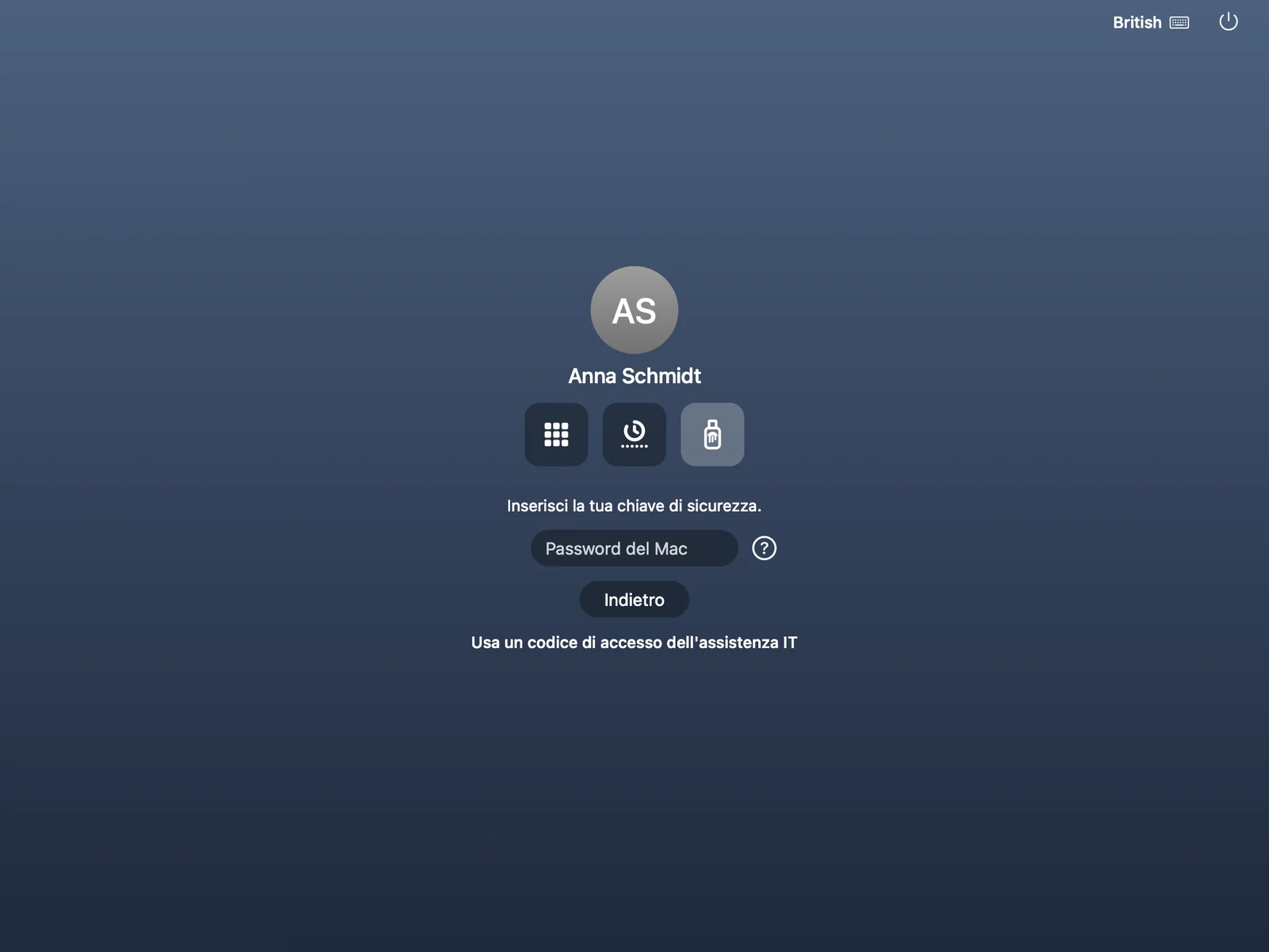 Finestra di accesso del Mac con tre icone di metodo e la chiave di sicurezza selezionata, che invita a inserire la chiave.