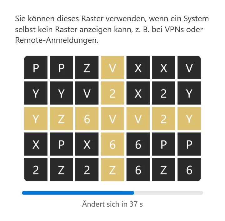 Das Fenster „Raster anzeigen“: ein Raster aus Buchstaben und Zahlen auf dunklen Quadraten mit goldenem Kreuz und ein Balken, der bis zum nächsten Wechsel herunterzählt.