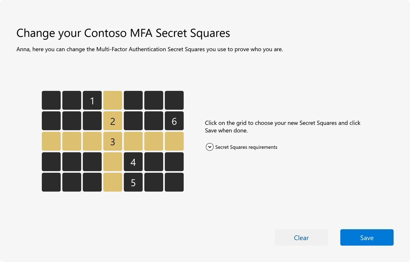 The window for choosing Secret Squares: a grid on which squares are numbered 1 to 6 in the order picked, with Clear and Save buttons.