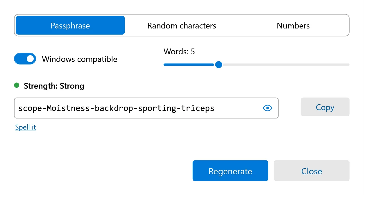 The password generator with Passphrase, Random characters and Numbers, a strength rating, the generated passphrase and Copy and Regenerate buttons.