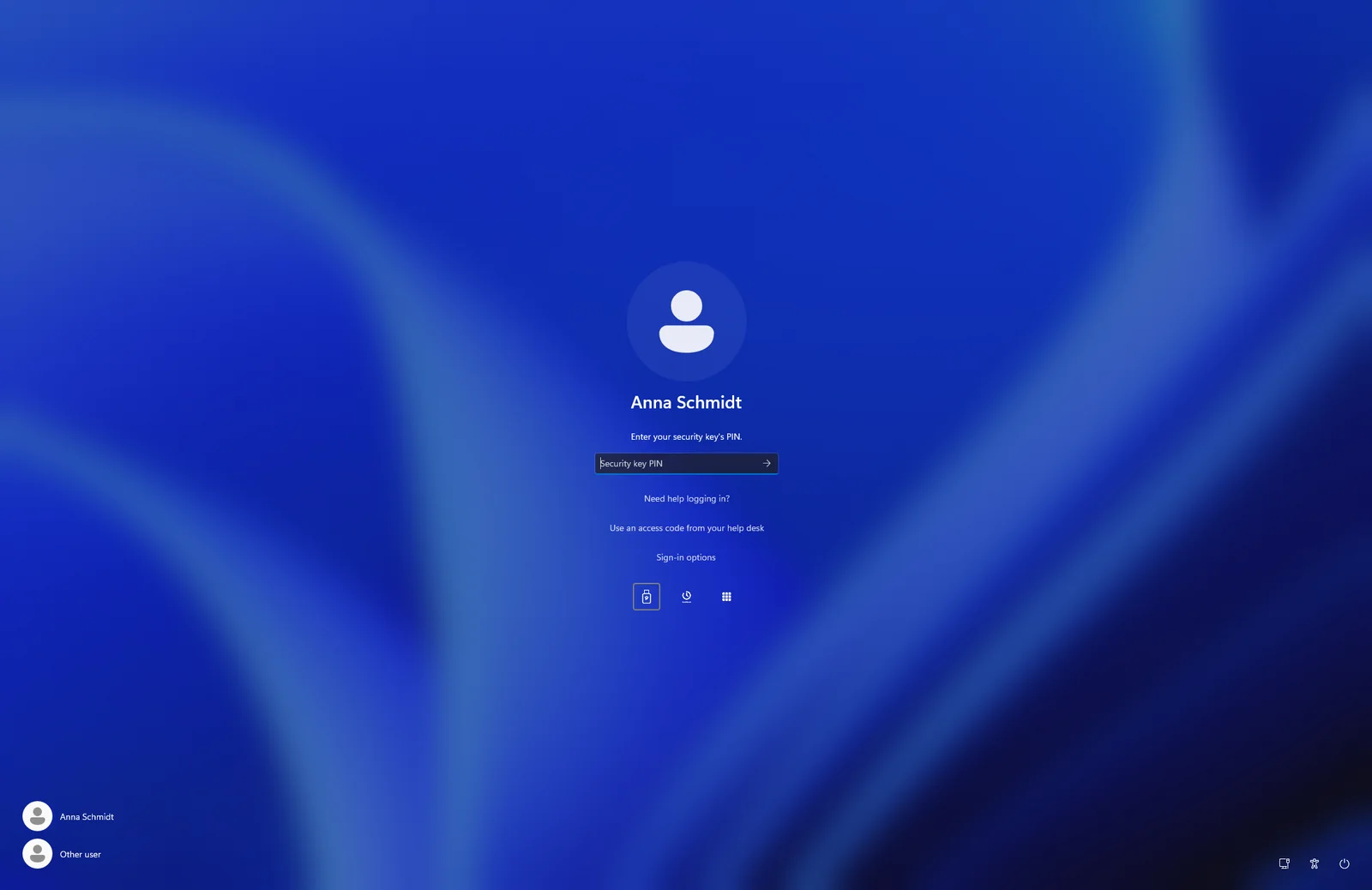 Écran de connexion Windows avec la clé de sécurité sélectionnée et un champ pour le code PIN de la clé