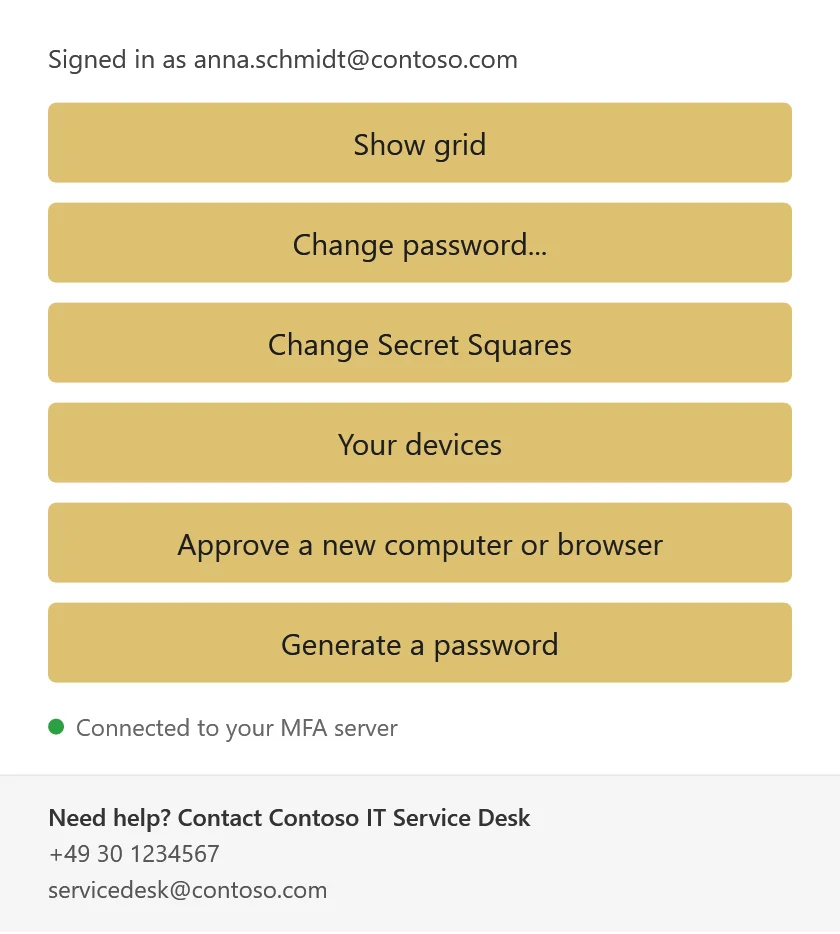 The Twin Verify tray menu on Windows with Show grid, Change password, Change Secret Squares, Your devices, Approve a new computer or browser and Generate a password, and the help desk details below.