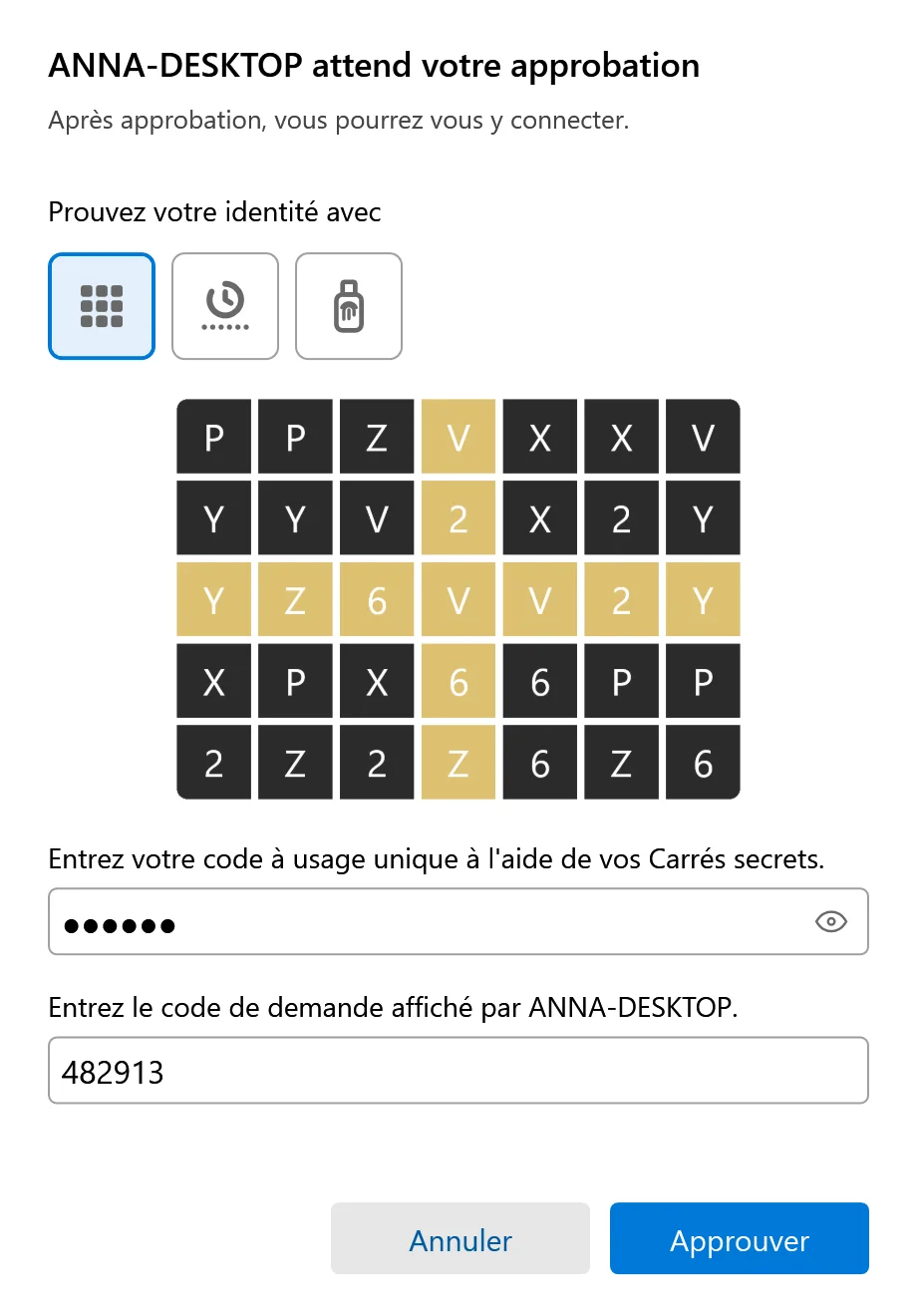 La fenêtre d’approbation d’un nouvel ordinateur : trois boutons de méthode, la grille, un champ pour le code à usage unique et un champ pour le code de demande qu’affiche le nouvel ordinateur.