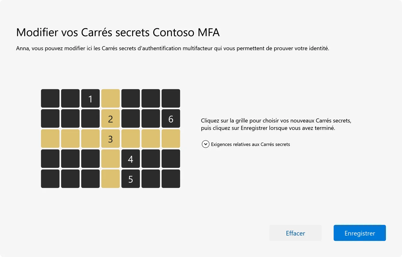 La fenêtre de choix des Carrés secrets : une grille dont les carrés sont numérotés de 1 à 6 dans l’ordre choisi, avec les boutons Effacer et Enregistrer.