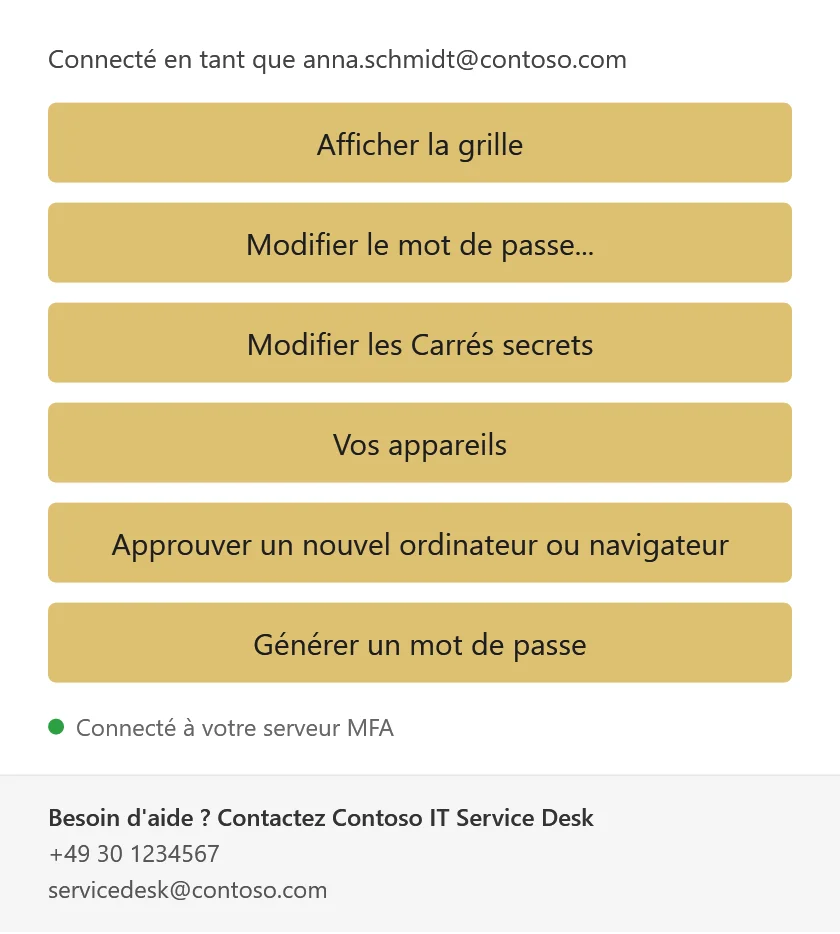 Le menu Twin Verify dans la zone de notification de Windows : Afficher la grille, Modifier le mot de passe, Modifier les Carrés secrets, Vos appareils, Approuver un nouvel ordinateur ou navigateur et Générer un mot de passe, avec en dessous les coordonnées du support.
