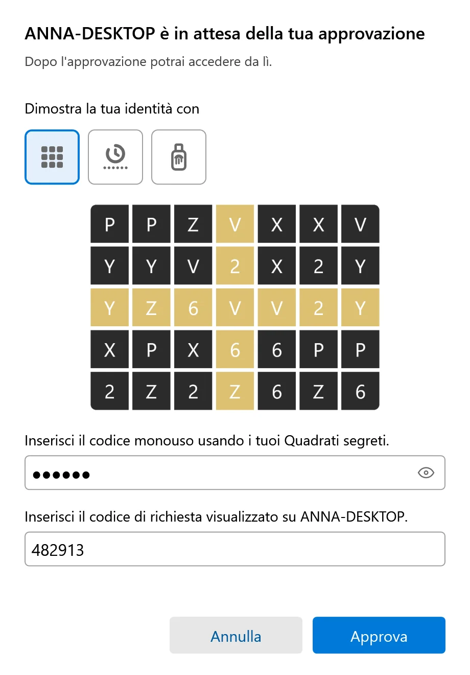La finestra per approvare un nuovo computer: tre pulsanti per i metodi, la griglia, un campo per il codice monouso e un campo per il codice di richiesta mostrato dal nuovo computer.