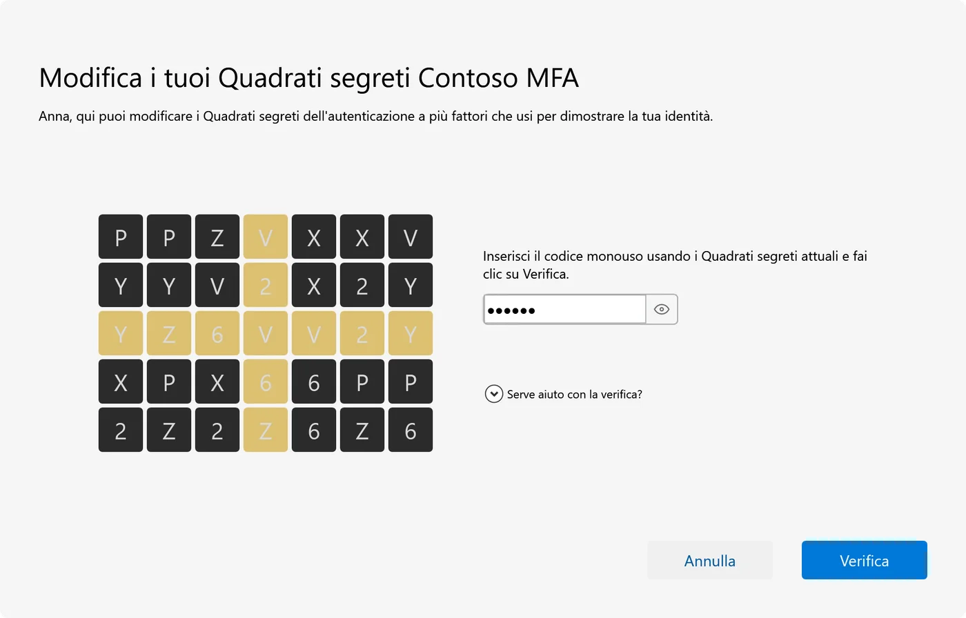 La finestra per modificare i Quadrati segreti: chiede prima un codice monouso ricavato dalla griglia con i Quadrati segreti attuali.