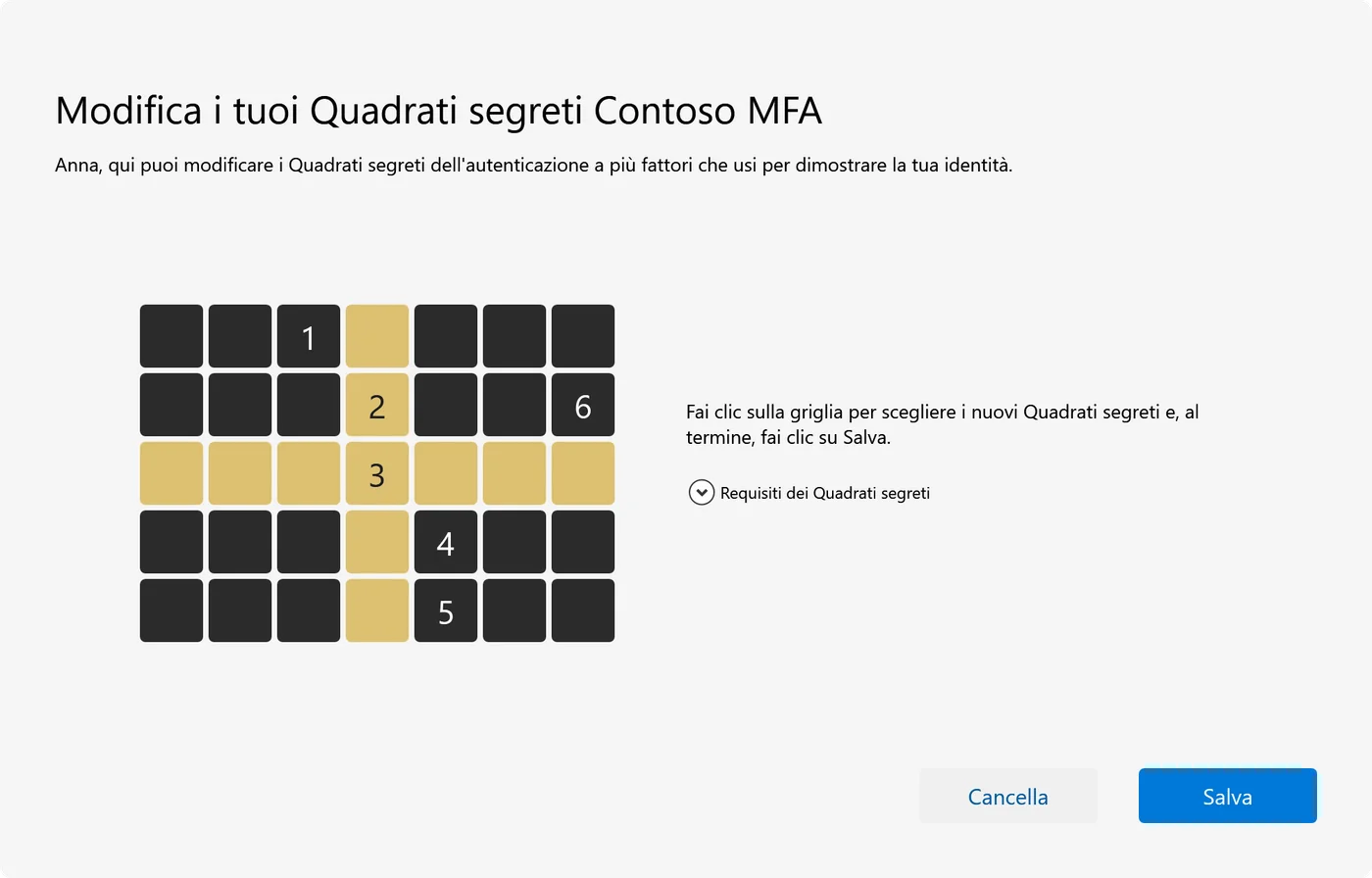 La finestra per scegliere i Quadrati segreti: una griglia con i quadrati numerati da 1 a 6 nell’ordine scelto e i pulsanti Cancella e Salva.