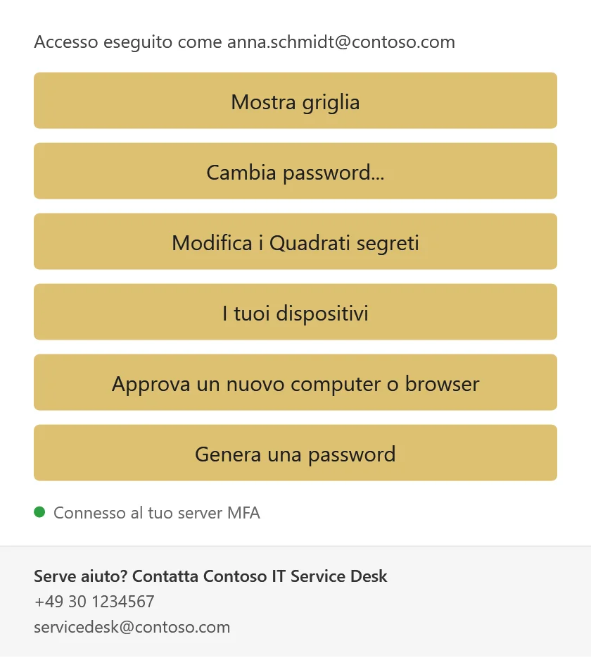 Il menu di Twin Verify nell’area di notifica di Windows con Mostra griglia, Cambia password, Modifica i Quadrati segreti, I tuoi dispositivi, Approva un nuovo computer o browser e Genera una password, e sotto i recapiti dell’assistenza.